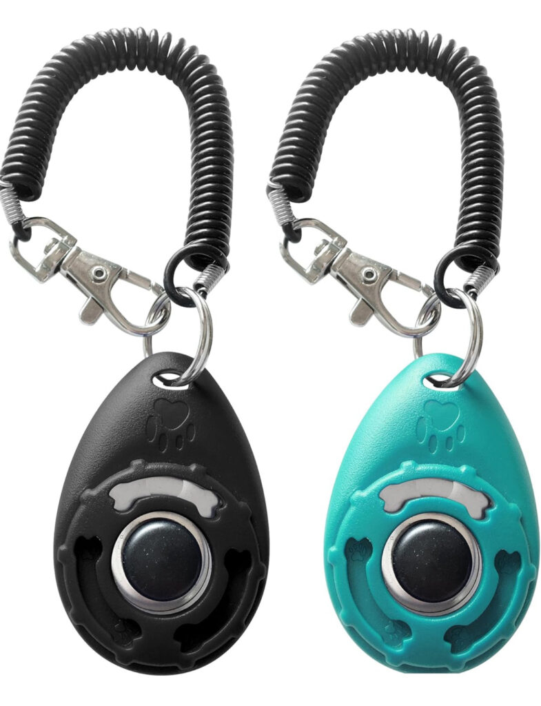 Two dog training clickers with wrist straps, one black and one teal.