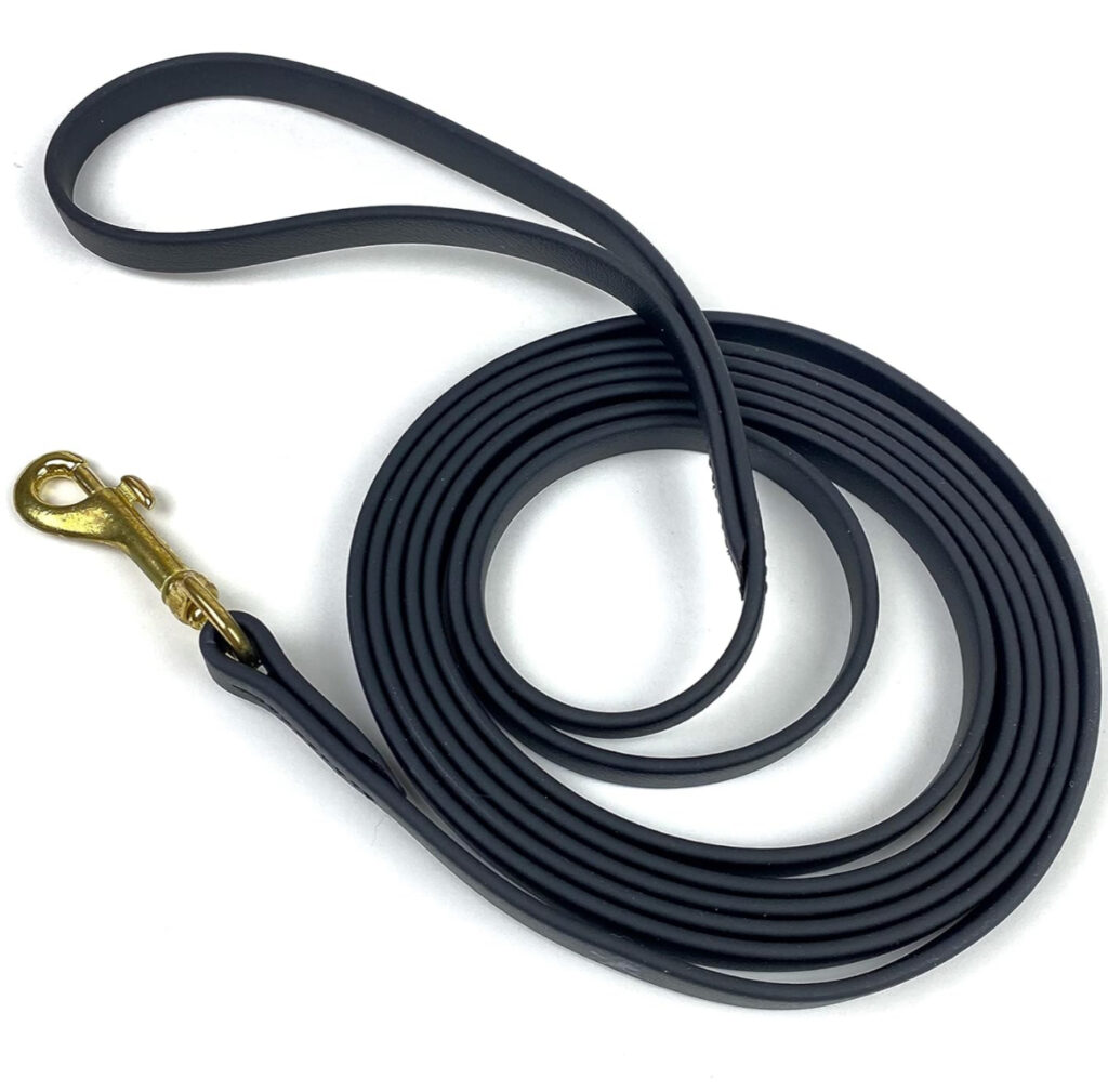 lack long dog training leash with a brass clip.