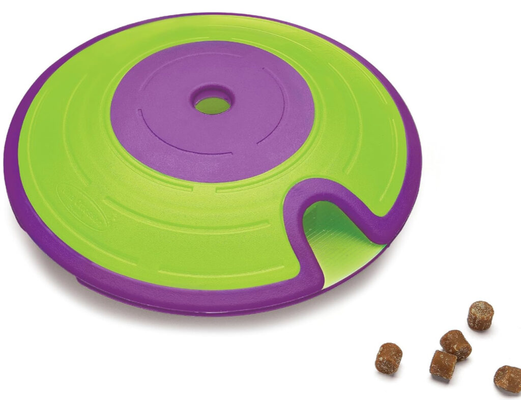 Green and purple dog treat puzzle toy with kibble pieces nearby