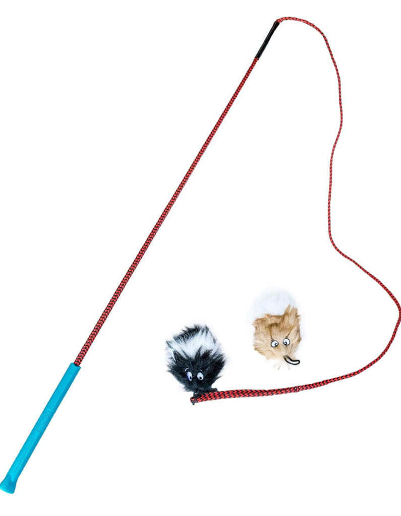 Dog flirt pole with a blue handle, red rope, and two plush toy attachments shaped like small animals